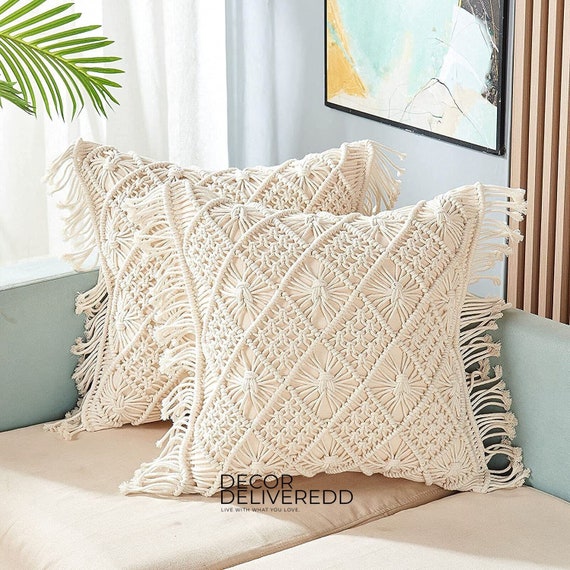 Throw Pillow Covers, Macrame Cushion Case, Woven Boho Cushion Cover for Bed Sofa