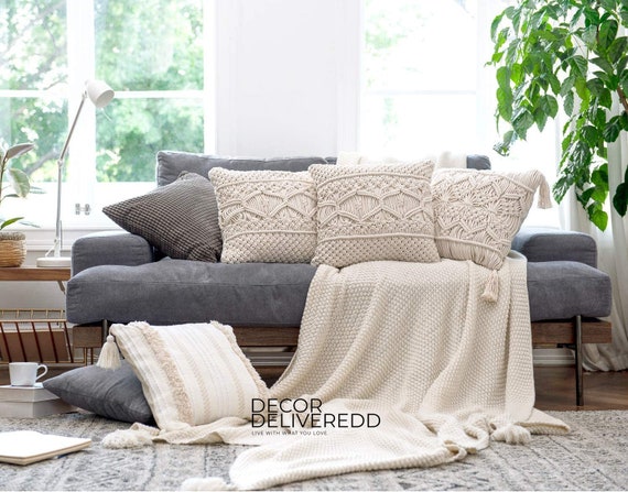 Throw Pillow Covers, Macrame Cushion Case, Woven Boho Cushion Cover for Bed Sofa