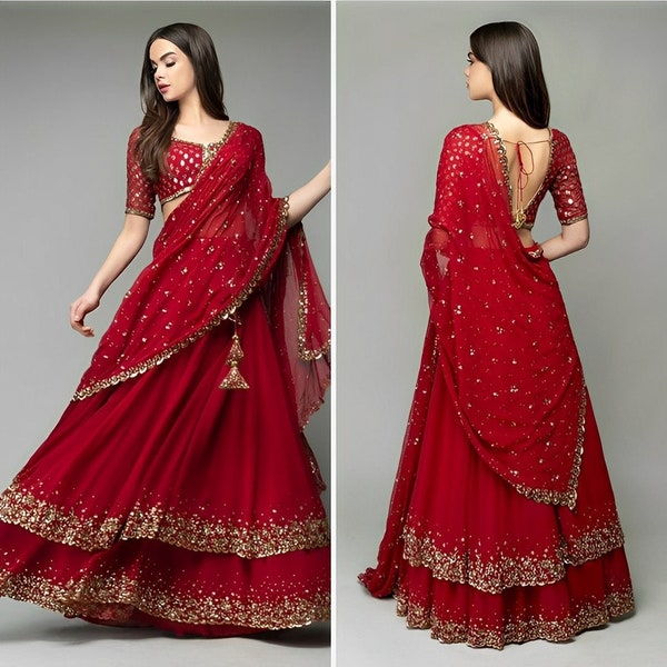 Red and blue Georgette bridal wear lehenga choli for women,partywear stunning wedding festive lehenga,Bollywood Readymade bridesmaids lehnga