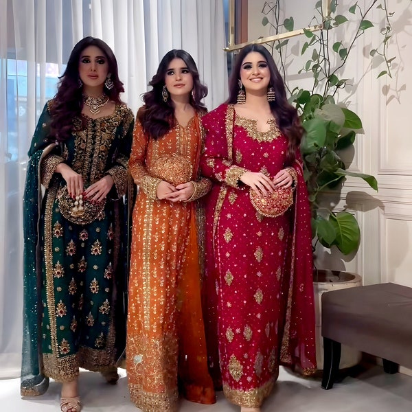 Pink Green Orange Ramzan Salwar kameez,Pakistani suit,Salwar suit,Ready to wear,Wedding dress,Pakistani salwar,Partywear dress,Anarkali suit