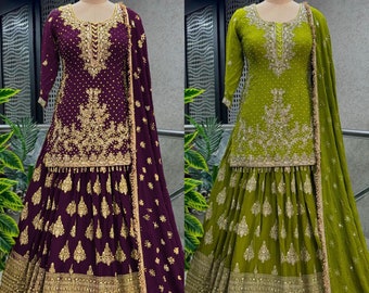 Paars groene Indowestern Top Lehenga, Pakistaanse borduurwerk reeks Top Lehenga, Wedding PartyWear Engagement Banarasi Designer lehenga Rok