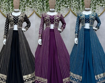 Noir bleu violet mariage PartyWear designer indo western jupe haut avec haussement d'épaules fête élégante tenue femmes indiennes ethniques porter haut court Koti