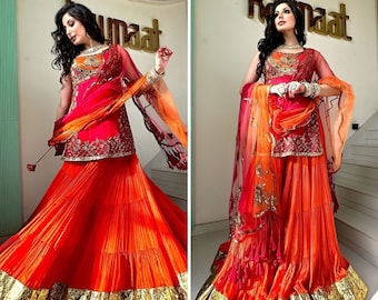 Orange Georgette Premium Salwar Kameez, Kurti Top Palazzo With Dupatta, Ready to wear Wedding Indian dress, Pakistani salwar suit, Anarkali