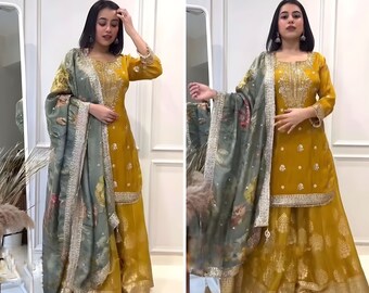 Yellow Salwar Kameez, Sharara Set with Dupatta, Pakistani Salwar suit, Ready to wear Indian wedding dress,Indowestern partywear Punjabi suit