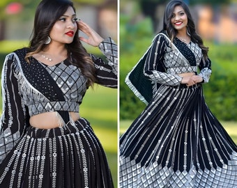 Choli lehenga noir pour femme, robe lehenga de mariage de mariée, chemisier lehenga de la designer Banarasi Sabyasachi, lehenga indo-occidental Partywear