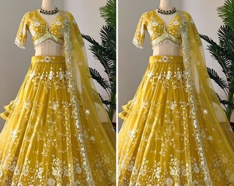Yellow Haldi Net Sequnce Lehenga Choli, Wedding lehenga, Party wear lehenga, Rajasthani Lehenga, Banarasi lehenga, Sabyasachi lehenga dress