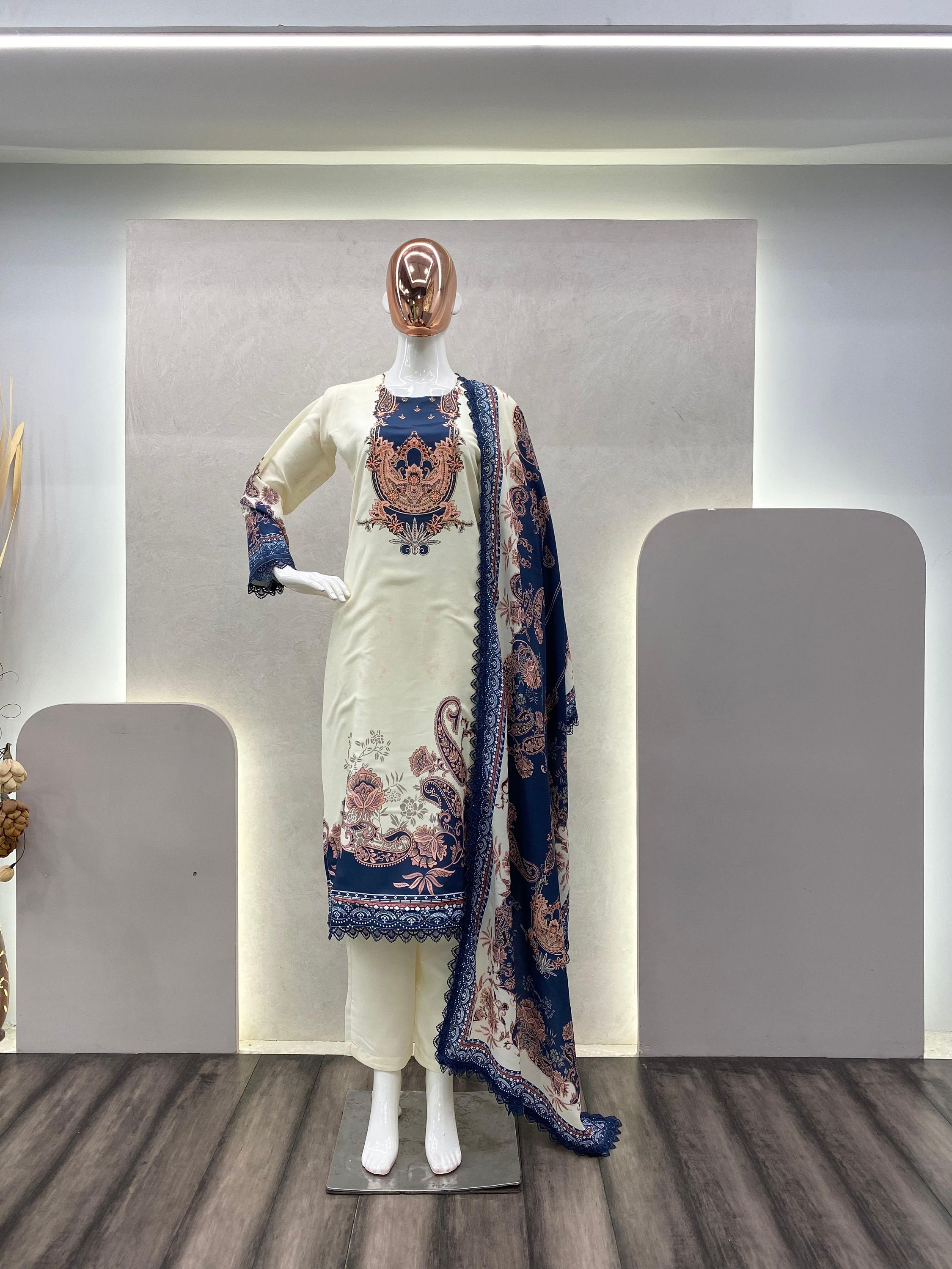 Ensemble Salwar Kameez Soie Maslin Pour Femme - Broderie Aari & Miroir - Style Indien/Pakistanais