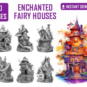 50 Enchanted Fairy Houses Coloring Pages - Adult Coloring Pages, Instant Download, Grayscale Coloring Book, Printable PDF File