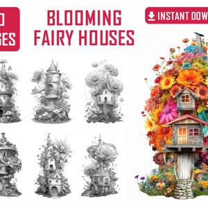 50 Blooming Fairy Houses Coloring Pages - Adult Coloring Pages, Instant Download, Grayscale Coloring Book, Printable PDF File