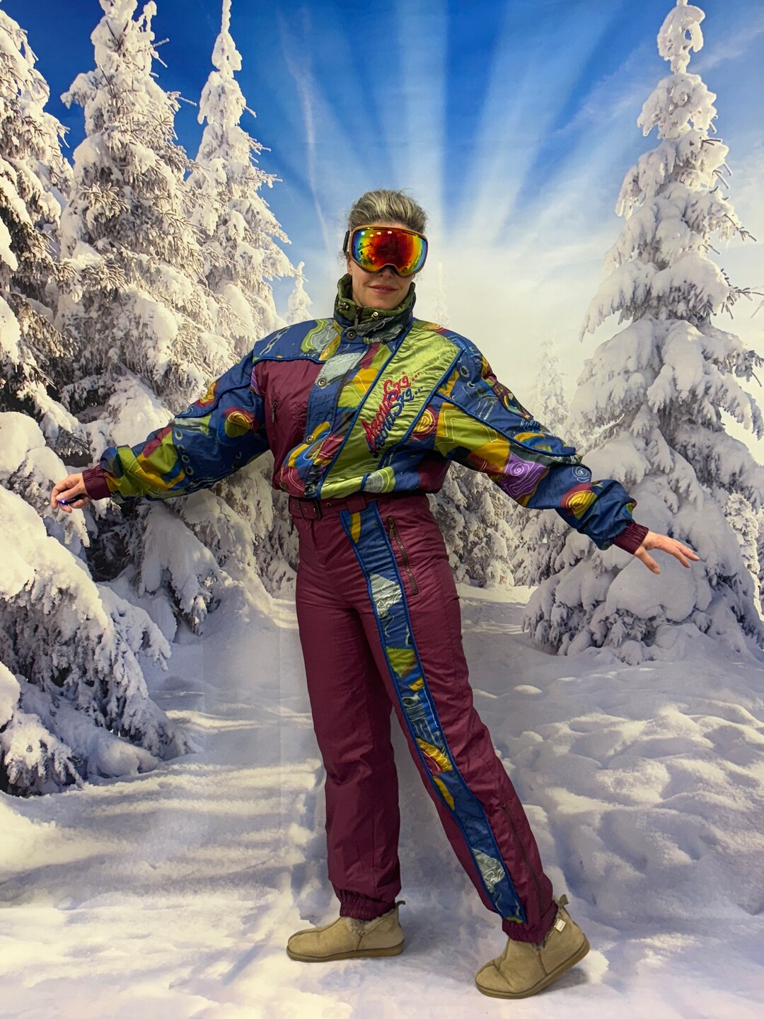 スキー Silvy Vintage - Men's ski suit Silvy Vintage 90's Men's Green/ Blue/ Yellow Ski Suit One Piece