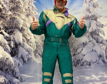 Vintage 1990s Ski Snow Suit Large Size in Blue Tones by Descente