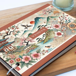 Álbum de recortes de acuarela de arte japonés con ilustración de pagoda y motivos florales (scrap-kf24-Japanmg)