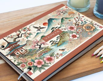 Japanese Art Watercolour Scrapbook with Pagoda Illustration and Floral Patterns (scrap-kf24-Japanmg)