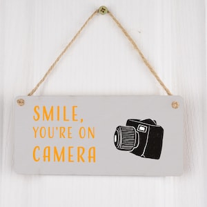 Plywood Shop Security Sign: Smile, You&#39;re on Camera! CCTV Business Sign with Hanging Cord