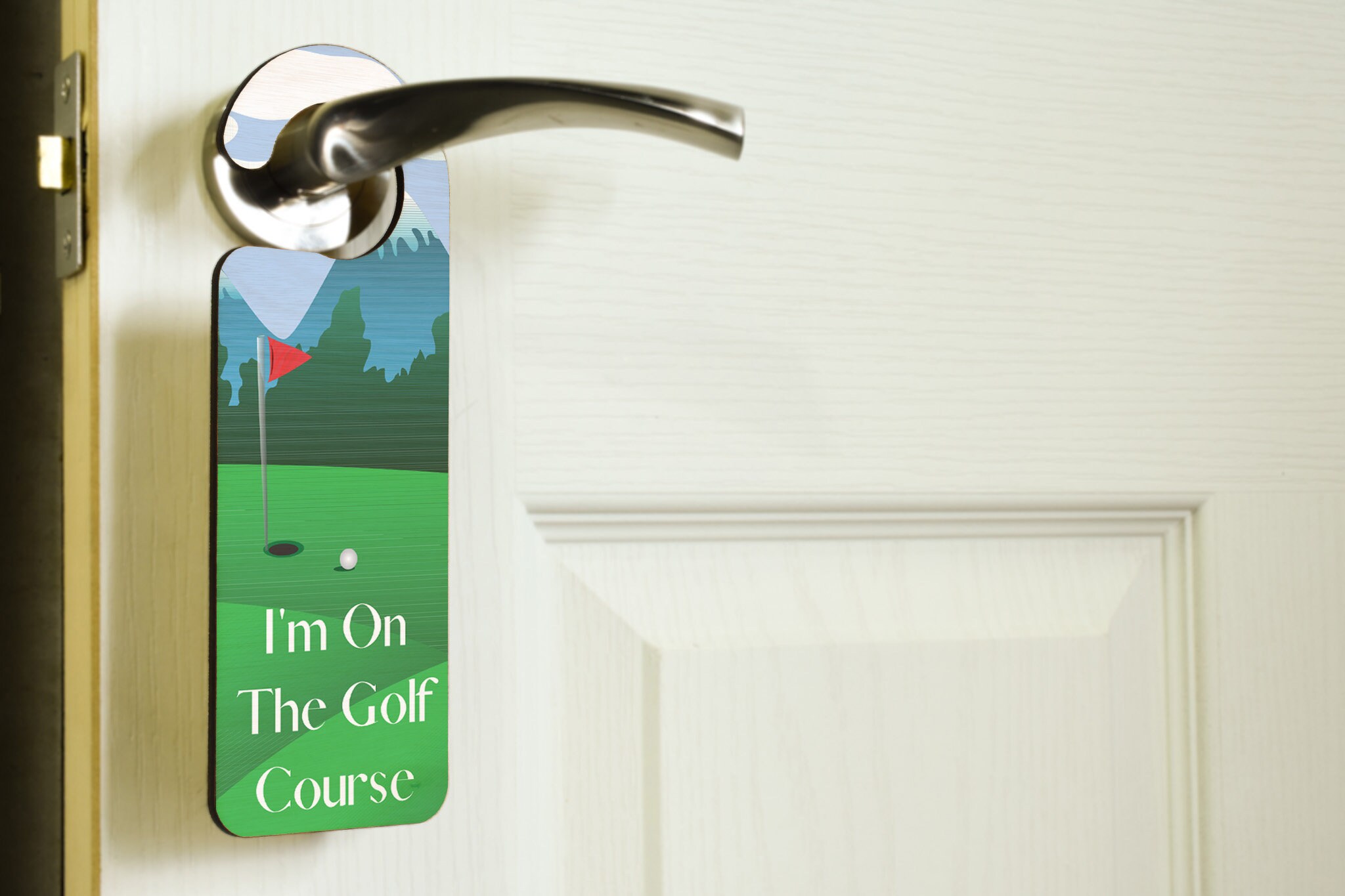 I’m on the golf Course – Plywood Door Handle Hanger – Great Idea for Golfers (doorh-kf23-golfcourse)