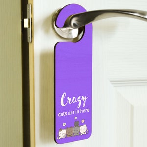 May include: Purple door hanger with the text "Crazy cats are in here" and a cartoon image of five cats.