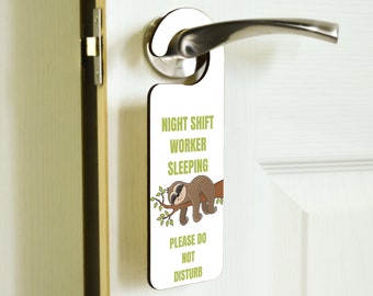 Night Shift Worker Sleeping Please Do Not Disturb – Plywood Door Handle Hanger (doorh-ha23-nightshift)
