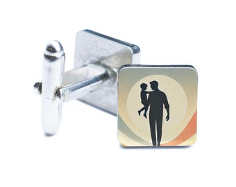 Father-Son Silhouette UV Printed Cufflinks - Handcrafted Novelty Tin and Pewter Design for Special Occasions (cuff-ds24-kidliftrg)