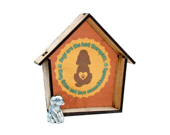 Dogs Are the Best Therapists – Metal Dog Sat Inside Plywood House Ornament (dhse-kf23-therapy)