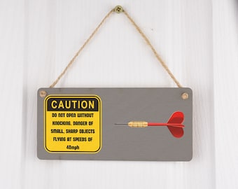 Caution Do Not Open Without Knocking - Darts Themed Plywood Hanging Room Sign (smlsgn-ds23-cautiondart)