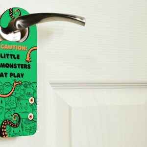 Caution: Little Monsters at Play - Plywood Door Handle Hanger - Idea for Boys, Girls, Son, Daughter, Siblings (doorh-kf23-littlemonsters)