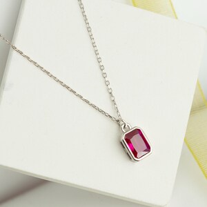 Dainty Emerald Cut Ruby Necklace: Sterling Silver July Birthstone