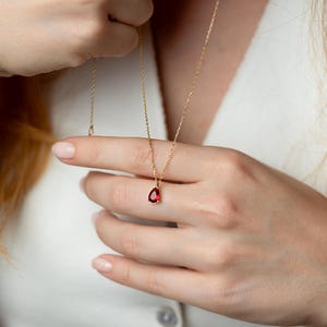 May include: A delicate gold chain necklace with a small teardrop-shaped pendant featuring a red gemstone.
