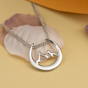 Sterling Silver Mountain Ring Holder Necklace: Two-Tone Moon Ring Keeper Pendant