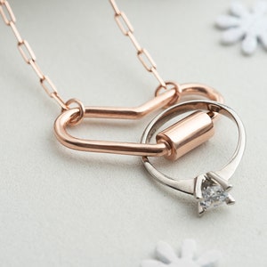 Sterling Silver Heart Ring Holder Necklace: Rose Gold Carabiner