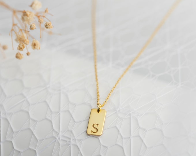 Silver Custom Letter Engraved Charm Necklace Christmas Gift, Personalized Monogram Initial Gold Plated Tag Necklace, Mother's Day Gift