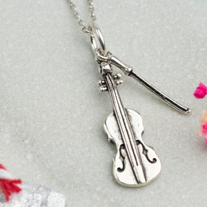 Sterling Silver Violin Necklace Gift for Musician, Violin and Bow Charm Necklace Unisex Christmas Gift Small Cello Necklace Musician Jewelry