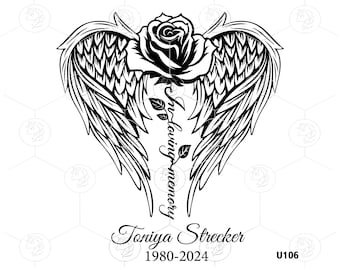 In Loving Memory Angel Winged Rose SVG PNG, Memorial Rose Comes Out Of The Middle Of An Angel Wing With Stem Editable Name Date