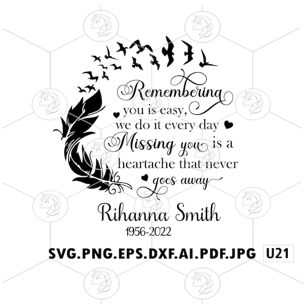 Remembering You Is Easy Quotes SVG PNG Birds Flying From Feather Death Memorial Gift Rest In Peace Remembrance Editable Name & Date