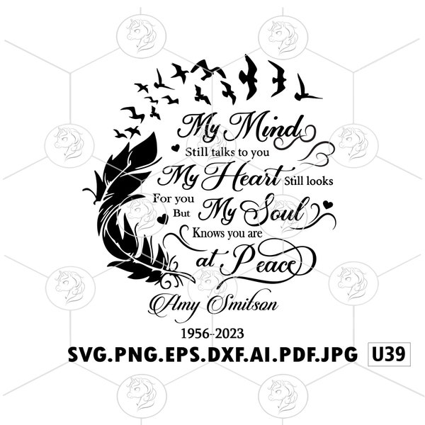 My Mind Still vous parle Citation SVG PNG Oiseaux qui volent de plume Commémoratif souvenir décès anniversaire Personnaliser le nom et la date