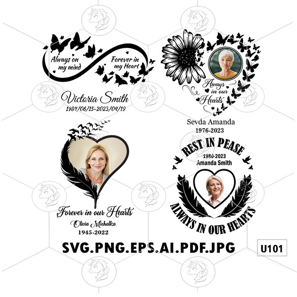 Forever In Our Hearts And Memories Quotes SVG PNG Bundle Flying Butterflies Sunflower Feather Custom Add Name Date Photo Memorial Gift