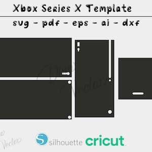 Puede incluir: Un diseño de plantilla negro de Xbox Series X con el texto "Xbox Series X Template" y formatos de archivo: svg, pdf, eps, ai y dxf. La imagen también incluye los logotipos de Dino Vector, Silhouette y Cricut.