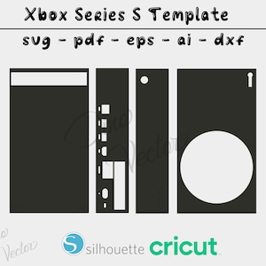 Könnte beinhalten: Eine schwarz-weiße Vorlage für eine Xbox Series S Konsolenhaut. Die Vorlage enthält Ausschnitte für die Tasten, Anschlüsse und das Laufwerk der Konsole.