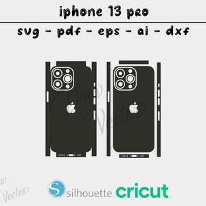 Może przedstawiać: Czarno-biała sylwetka projektu etui na telefon iPhone 13 Pro. Projekt zawiera aparat telefonu, logo Apple i przyciski boczne. Tekst "iphone 13 pro" znajduje się w górnej części obrazu, a tekst "svg - pdf - eps - ai - dxf" znajduje się poniżej. Tekst "Dino Vector silhouette Cricut" znajduje się w dolnej części obrazu.