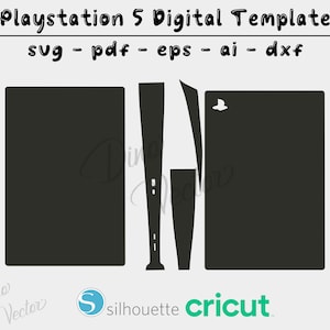 Puede incluir: Una plantilla digital para una piel de consola Playstation 5. La plantilla incluye la consola principal, los paneles laterales y el mando. La plantilla está en blanco y negro.