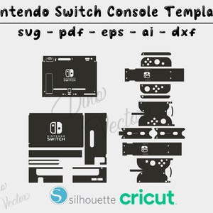 May include: Black and white silhouette template for a Nintendo Switch console. The template includes the console, controllers, and other parts. The text "Nintendo Switch" is visible on the console.