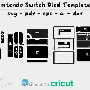 May include: Black and white template for a Nintendo Switch OLED console, Joy-Cons, and dock. The template includes outlines for all the major components of the console, including the screen, buttons, and ports. The template is labeled with the text "Nintendo Switch OLED Template" and "svg - pdf - eps - ai - dxf".