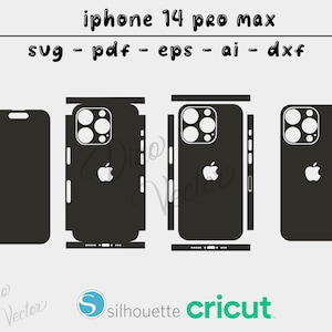 Puede incluir: Diseño de archivo de corte de silueta en blanco y negro para una funda de teléfono iPhone 14 Pro Max. El diseño incluye el contorno del teléfono, el recorte de la cámara y el logotipo de Apple.