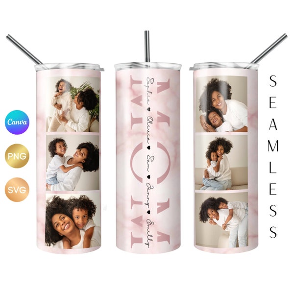 Mom Photo Tumbler Sublimation PNG, Mom Tumbler Wrap with Pictures, Pink marble Mom Tumbler SVG, Mom Photo Gift