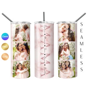 Sublimación de vaso de fotos de mamá PNG, Envoltura de vaso de mamá con imágenes, Vaso de mamá de mármol rosa SVG, Regalo de foto de mamá