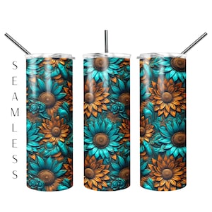Tooled Leather Tumbler, Western Tumbler 20oz Skinny Tumbler, Seamless Floral Tumbler Wrap, Sunflower Turquoise Tumbler,  Sunflower Tumbler