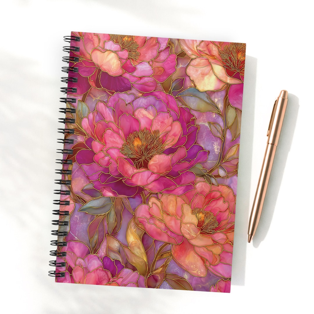 Faux Stained Glass Peonies Floral Spiral Notebook | Ruled Journal - Etsy