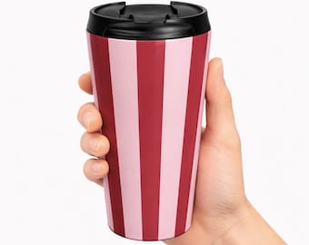 Burgundy Pink Stripe Insulated Tumbler, Reusable Coffee Mug