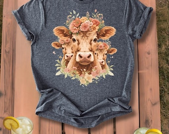 Cows with Floral Crowns T-Shirt | Floral Cow Art Homestead Farmer Gift