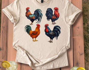 Bunte Hähne T-Shirt | Lebhaftes Bauernhof-Geflügel-Design