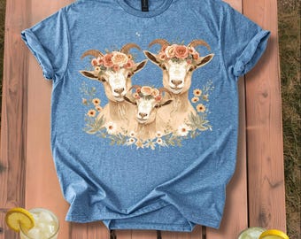 Three Goats with Floral Crowns T-Shirt | Goat Trio Floral Design Homesteading Gift